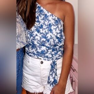 Blue & White Floral One Shoulder Top